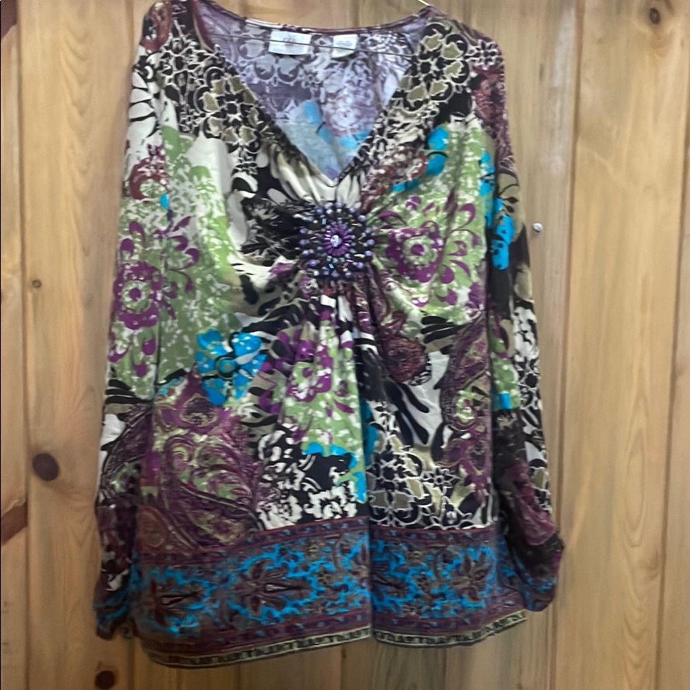 ECI Purple and Blue Graphic Embellished Blouse